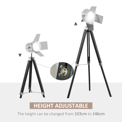 Industrial Tripod Floor Lamp, Nautical Cinema Standing Spotlight with Wood Legs and Adjustable Height for Living, Bedroom, Black and Silver