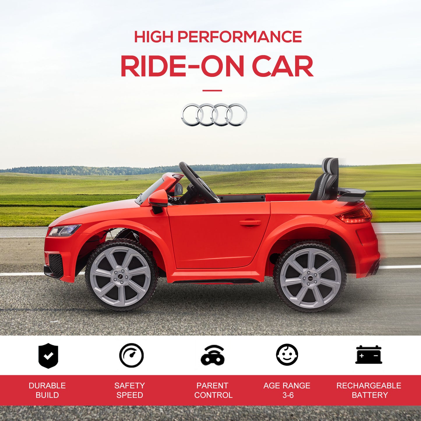 Audi TT RS 12V Rechargeable Battery Ride On Car With Remote, Forward Reverse Lights Horn - Red