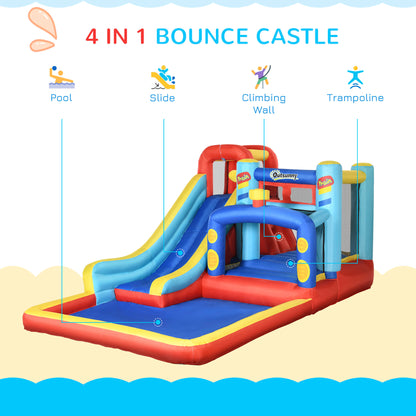 Outsunny 4 in 1 Bouncy Castle, with Slide, Pool, Trampoline, Climbing Wall, Blower - Multicoloured