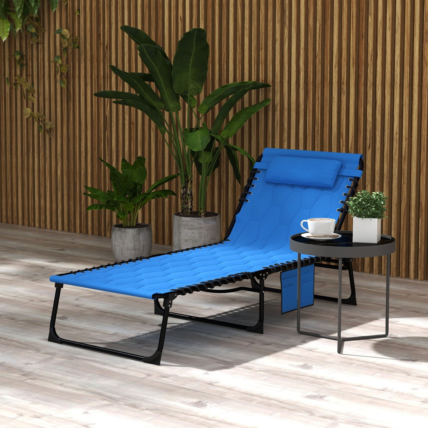 Outsunny Foldable Sun Lounger With 5 Level Reclining Back Outdoor Tanning Chair With Side Pocket, Headrest - Blue