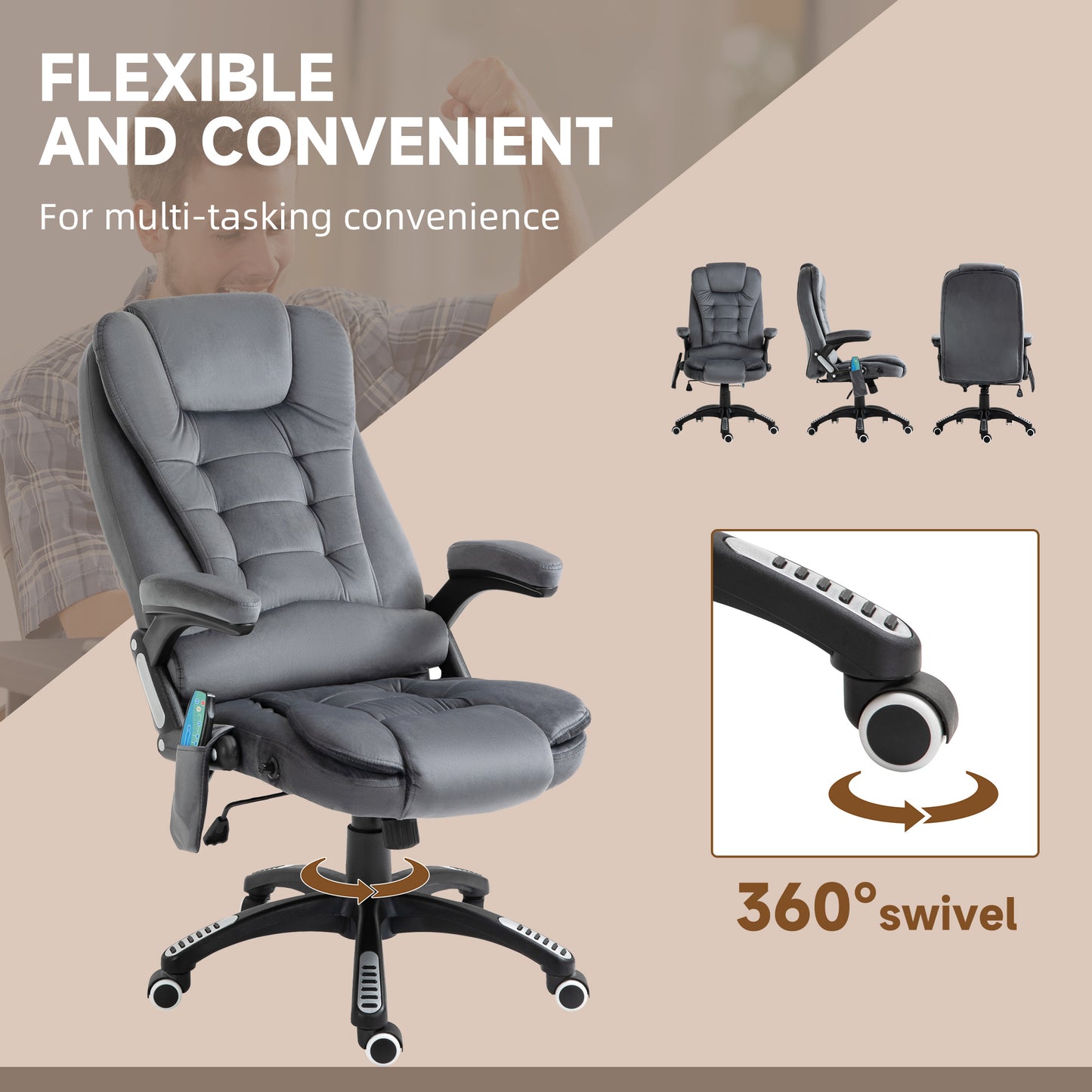 Heated Massage Recliner Office Chair | 6 Point Massage | Velvet-Feel Fabric | 130° Recline | 360° Swivel | Height Adjustable 107-116cm | 120kg | Grey
