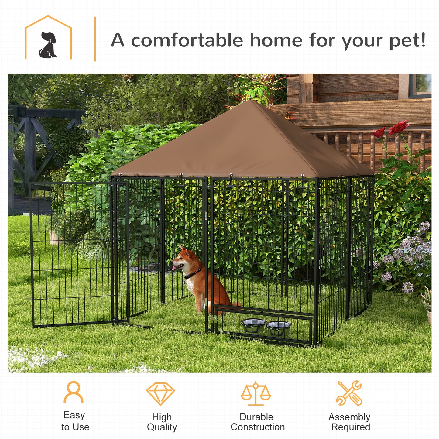 Outdoor Dog Kennel & Playpen | Waterproof Canopy | Lockable Gate | Rotating Bowl Holder | 2 Bowls Included | 141 x 141 x 151cm | Brown