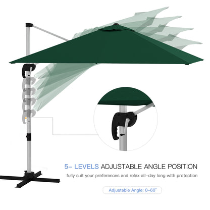 Outsunny 3 x 3(m) Square Cantilever Parasol with Cross Base, Crank Handle, Tilt, 360° Rotation and Aluminium Frame, Green