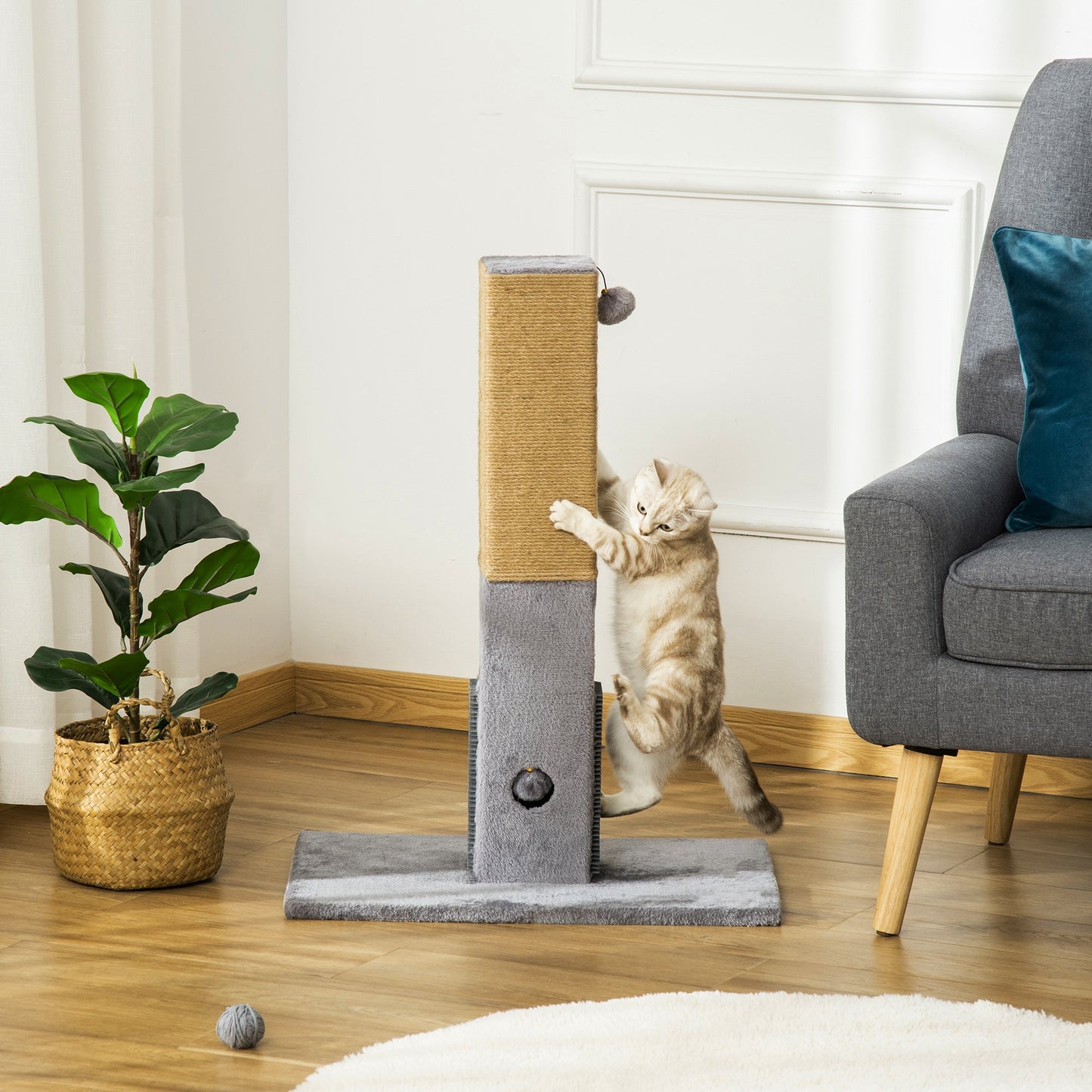PawHut Cat Scratching Post, 79cm Tall Jute Scratcher Climber, Cat Tree Activity Centre with Carpet Base, Dangling Ball, Grey