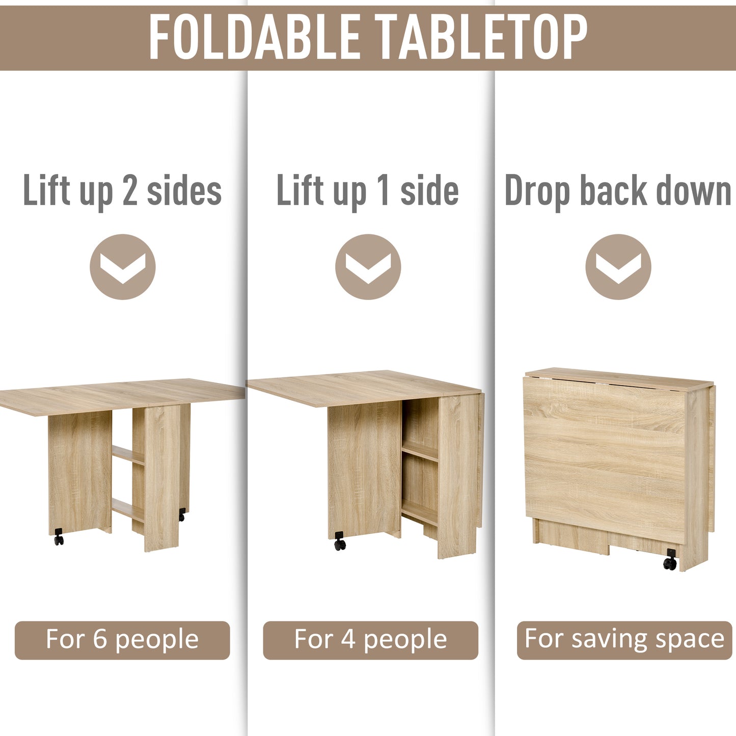 Mobile Drop Leaf Dining Kitchen Table Folding Desk For Small Spaces With 2 Wheels & 2 Storage Shelves Oak