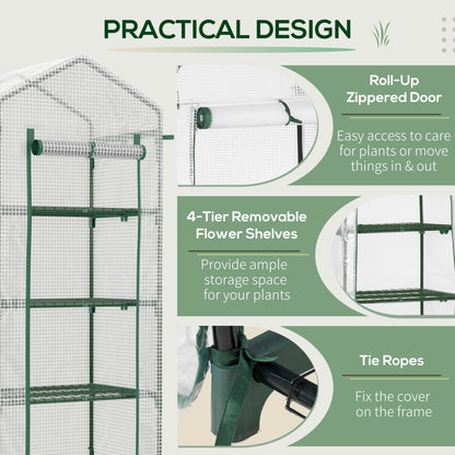 Outsunny 4 Tier Mini Greenhouse, Portable Green House with Steel Frame, PE Cover, Roll-up Door, 70 x 50 x 160 cm, White