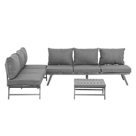 Outsunny 3  Piece Garden Seating Set w/ Convertible Sofa Lounge Table Padded Cushions Outdoor Patio Furniture Couch Grey