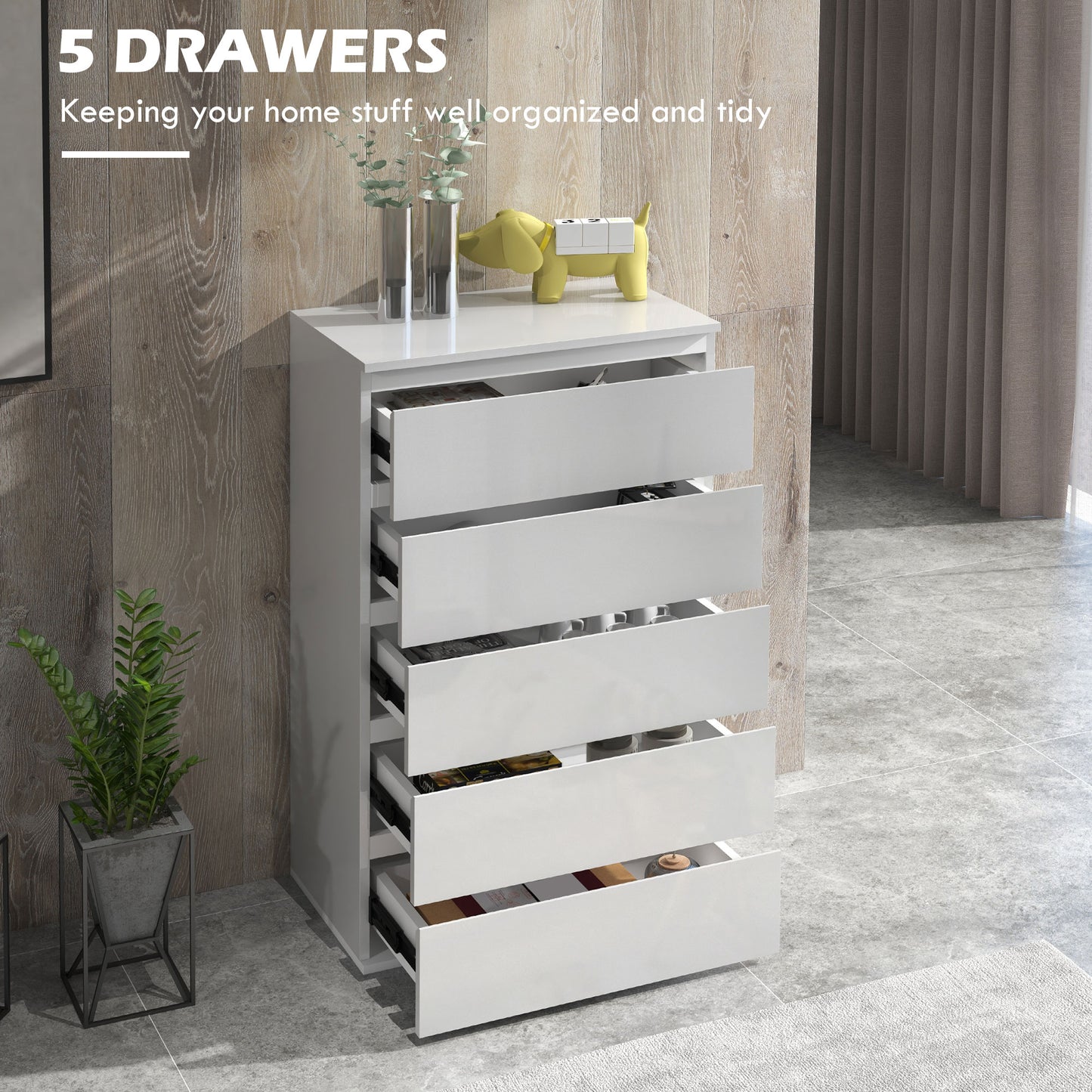 High Gloss Chest of Drawers, 5-Drawer Storage Cabinets, Modern Dresser, Storage Drawer Unit for Bedroom