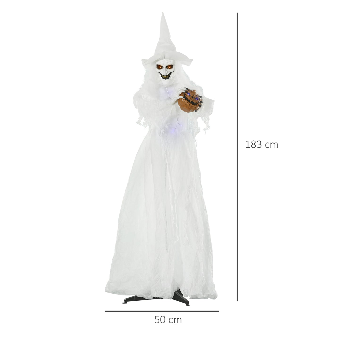 72 Inch Halloween Decorations White Witch Holding Pumpkin Head, Standing Skeleton Ghost Prop Life Size, Motion Activated Light Up Eyes Body