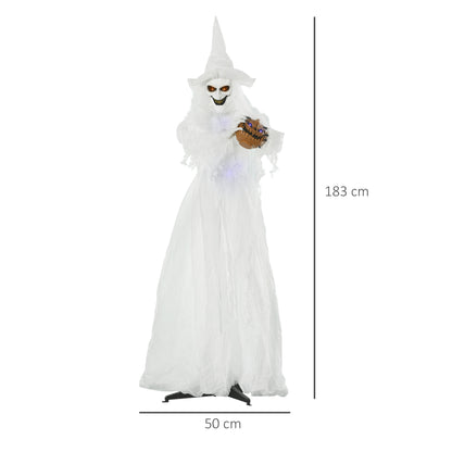 72 Inch Halloween Decorations White Witch Holding Pumpkin Head, Standing Skeleton Ghost Prop Life Size, Motion Activated Light Up Eyes Body