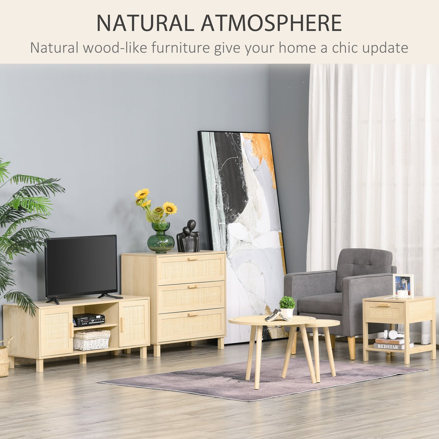 Nightstand with Rattan Drawer and Storage Shelf, Bedside End Table for Bedroom, Living Room Organizer