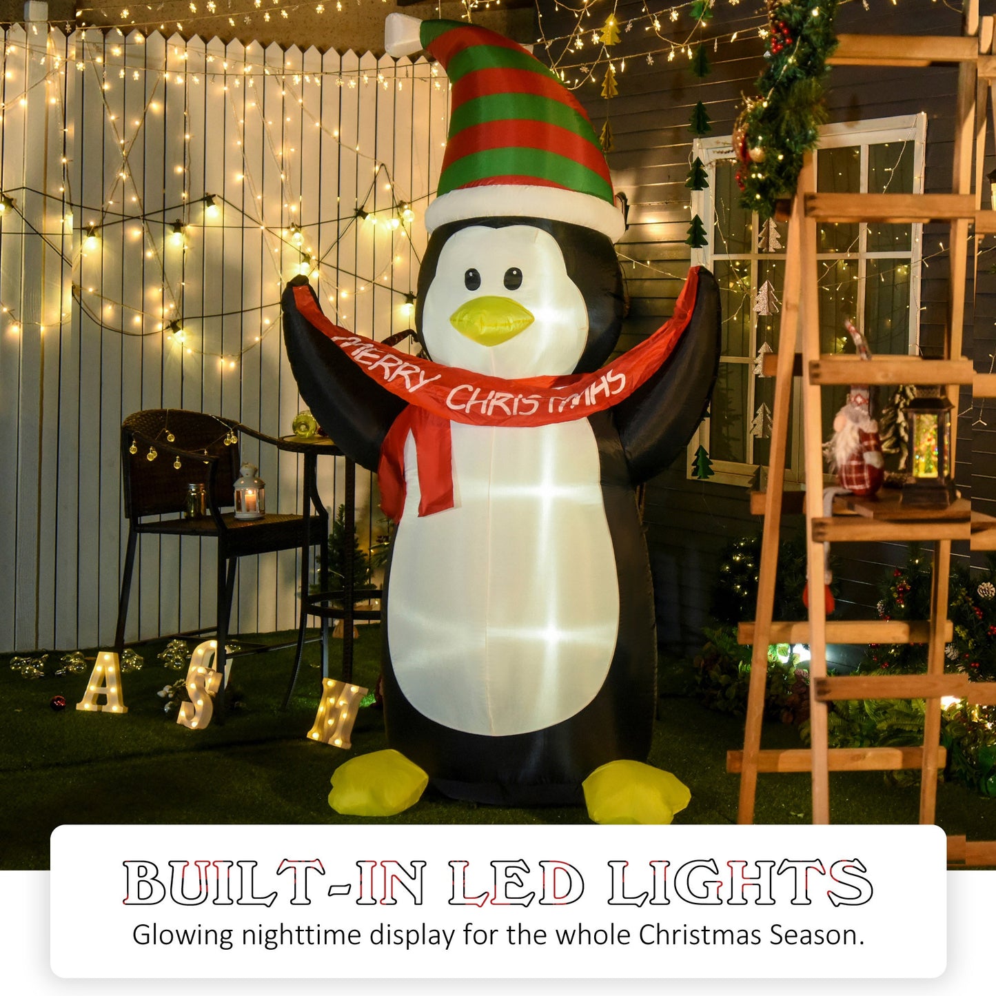 243cm Inflatable Penguin Holding Merry Christmas Banner Holiday Yard Decoration with LED Lights, Indoor Outdoor Blow Up Decor