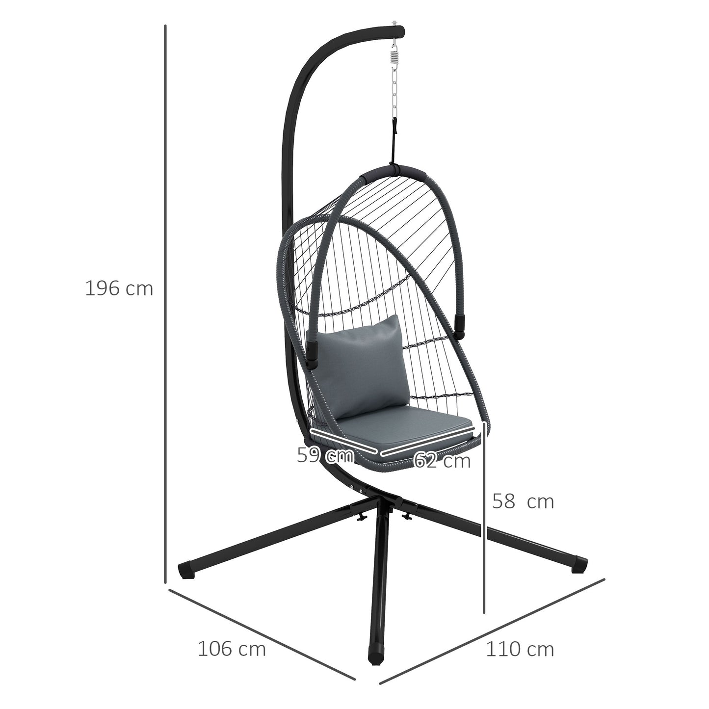 Outdoor PE Rattan Patio Hanging Swing Chair With Cushion, Foldable Basket With Metal Stand, 360° Rotation Spring Hook - Grey