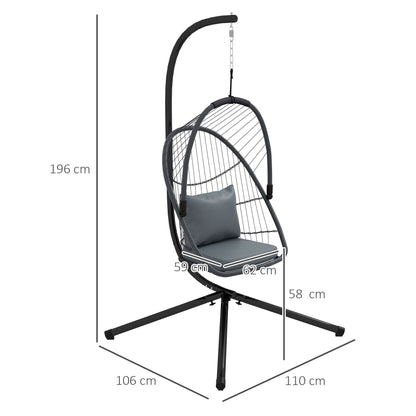 Outdoor PE Rattan Patio Hanging Swing Chair With Cushion, Foldable Basket With Metal Stand, 360° Rotation Spring Hook - Grey