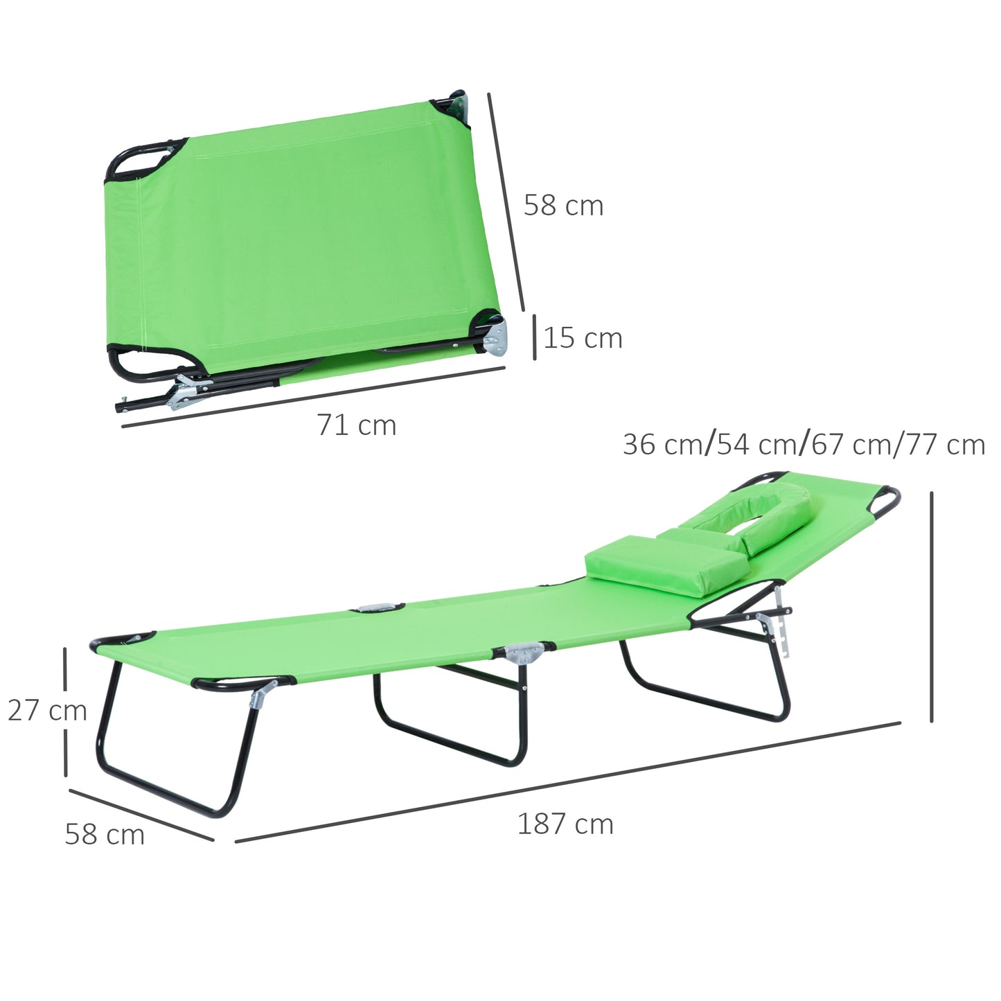 Sun Lounger Foldable Reclining Chair with Pillow and Reading Hole Garden Beach Outdoor Recliner Adjustable Green