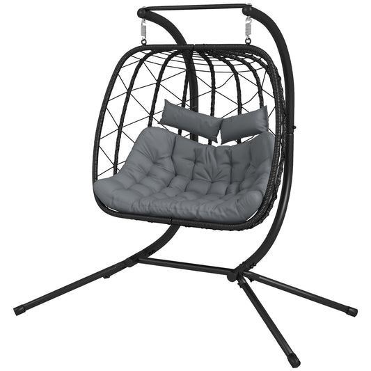 Outdoor PE Rattan Double-seater Swing Chair With Thick Padded Cushion, Patio Hanging For Two With Metal Stand  Headrest For Indoor and Outdoor, Black
