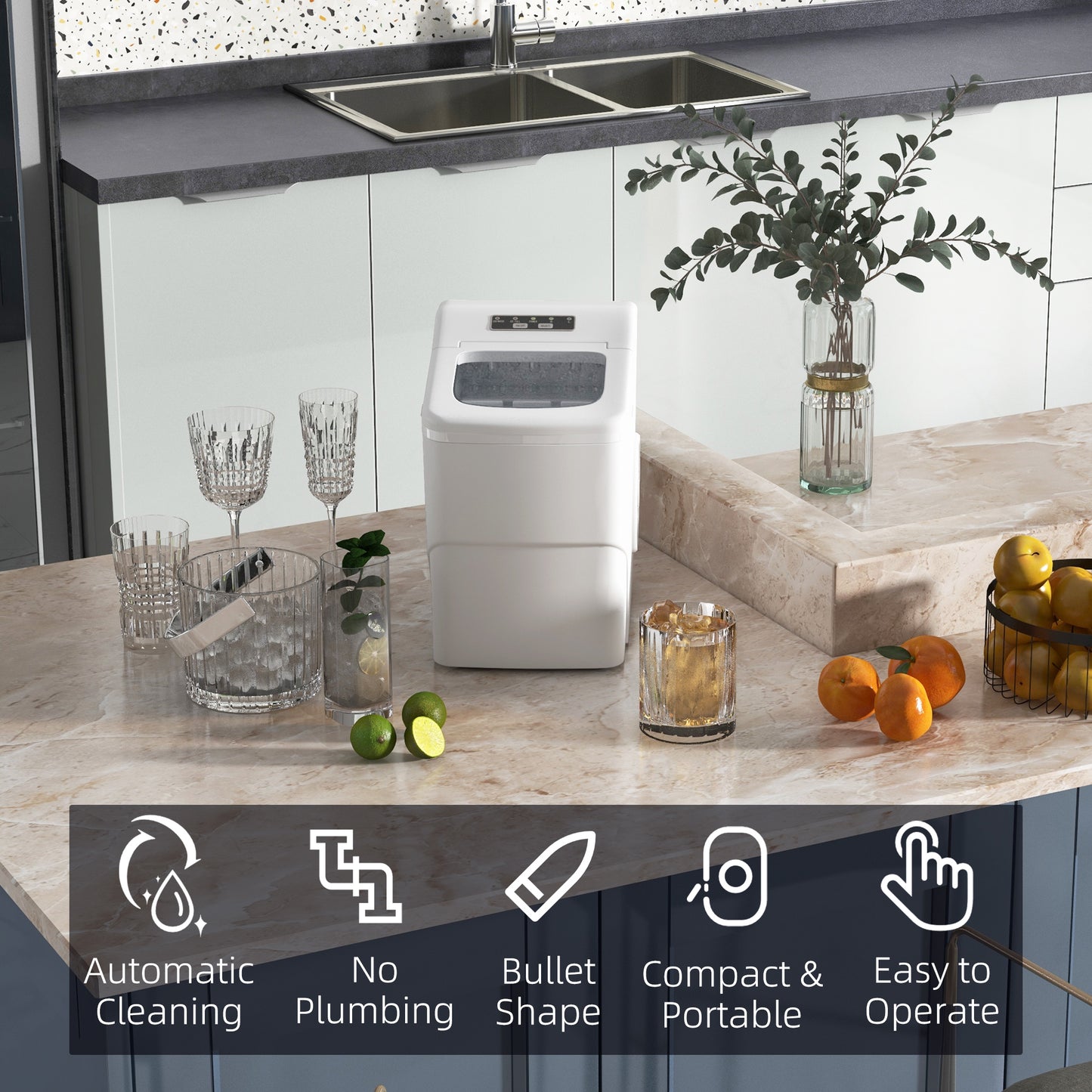 Portable Bullet Ice Cube Maker Machine Countertop, Automatic Cleaning, Visible Window Scoop And Basket For Kitchen - White