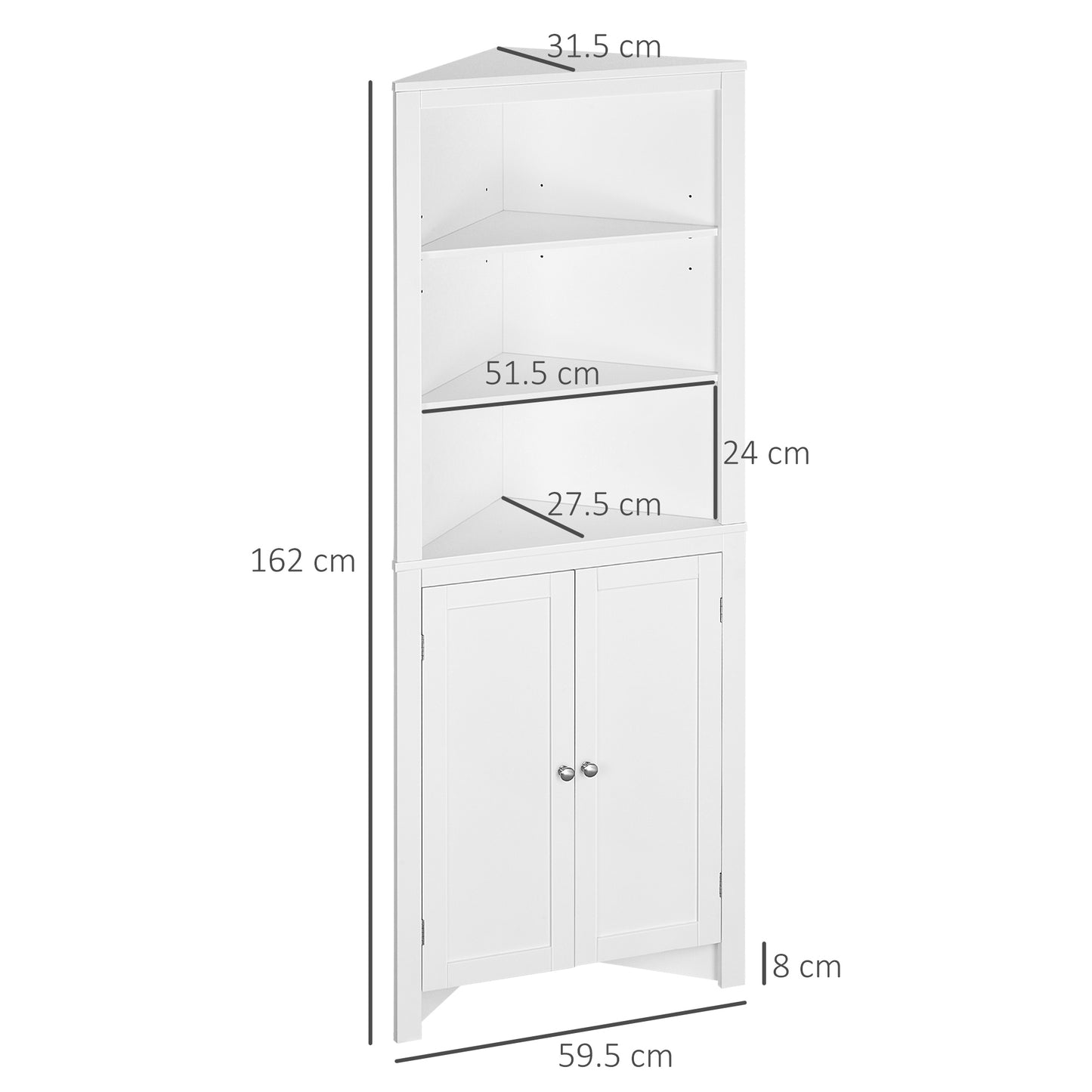 Kleankin Triangle Bathroom Cabinet, Corner Bathroom Storage Unit with Cupboard and 3-Tier Shelves, Free Standing, White