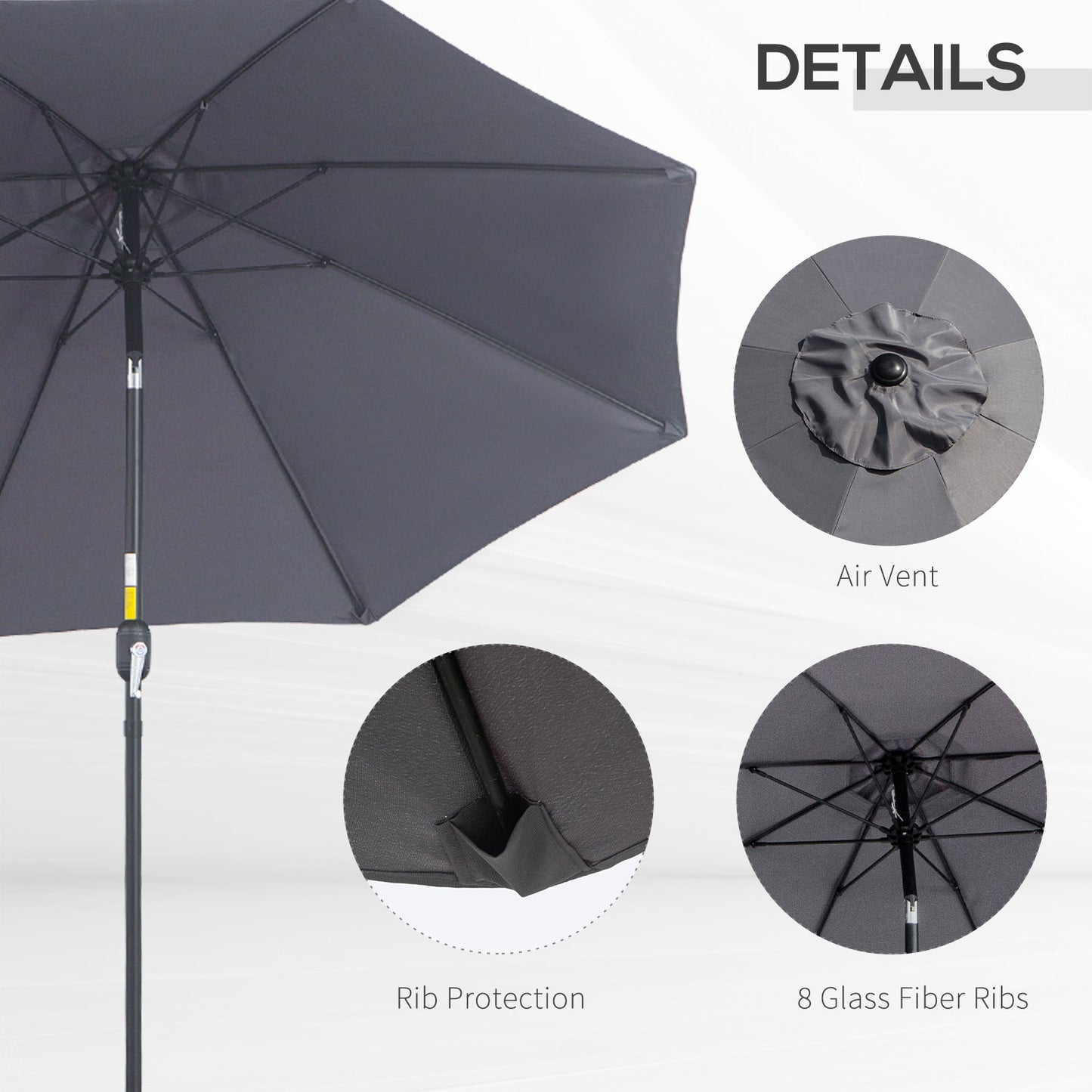 Outsunny 2.7M Garden Parasol, Patio Sun Umbrella, Tilt Shade Shelter Canopy, Aluminium Frame, Charcoal Grey