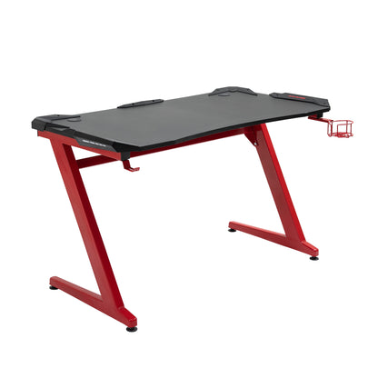 Gaming Desk, Ergonomic Home Office Desk, Gamer Workstation Racing Table, with Headphone Hook and Cup Holder, 122 x 66 x 86cm, Black and Red