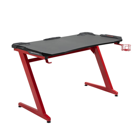 Gaming Desk, Ergonomic Home Office Desk, Gamer Workstation Racing Table, with Headphone Hook and Cup Holder, 122 x 66 x 86cm, Black and Red