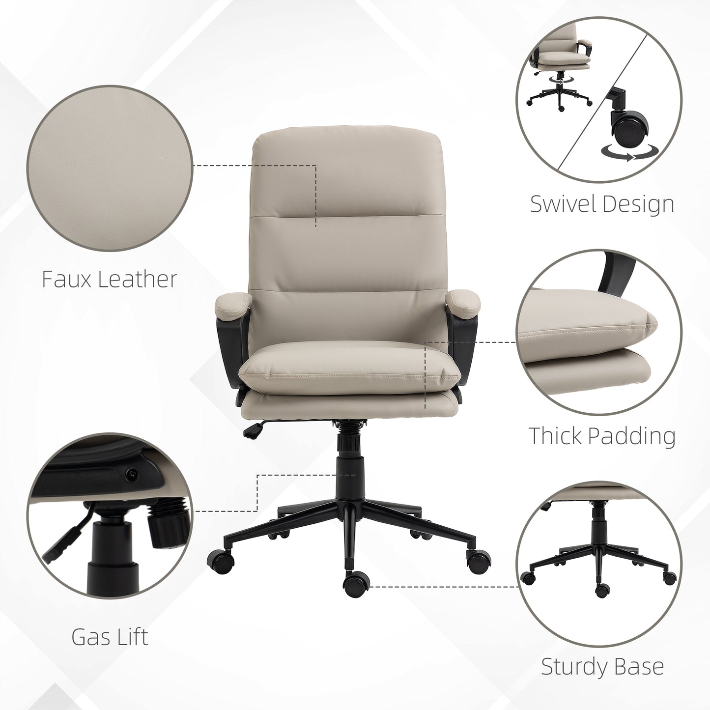 High Back PU Leather Office Chair | Double-Tier Padded Seat | Armrests | 360° Swivel | 5 Wheels | Height Adjustable 108-118cm | 51x43cm Seat | 120kg | Light Grey