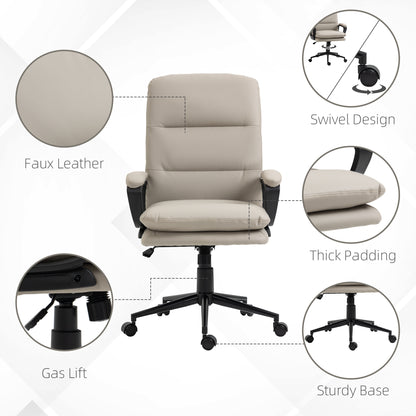 High Back PU Leather Office Chair | Double-Tier Padded Seat | Armrests | 360° Swivel | 5 Wheels | Height Adjustable 108-118cm | 51x43cm Seat | 120kg | Light Grey