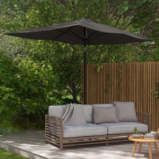 2 x 3(m) Garden Parasol Umbrella, Rectangular Outdoor Market Umbrella Sun Shade With Crank & Push Button Tilt, 6 Ribs - Dark Grey
