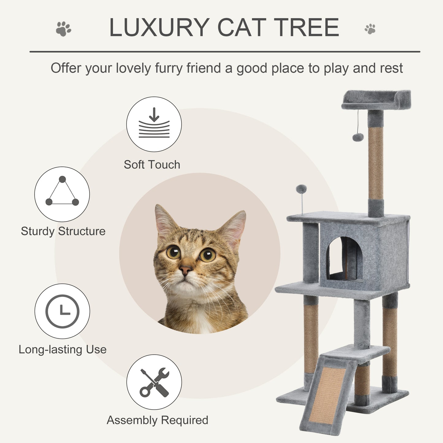 PawHut Cat Tree Tower 142cm Climbing Kitten Activity Centre with Jute Scratching Post  Board Perch Roomy Condo Removable Felt Hanging Toy, Grey