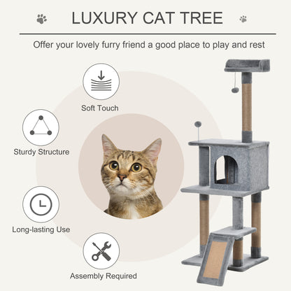 PawHut Cat Tree Tower 142cm Climbing Kitten Activity Centre with Jute Scratching Post  Board Perch Roomy Condo Removable Felt Hanging Toy, Grey