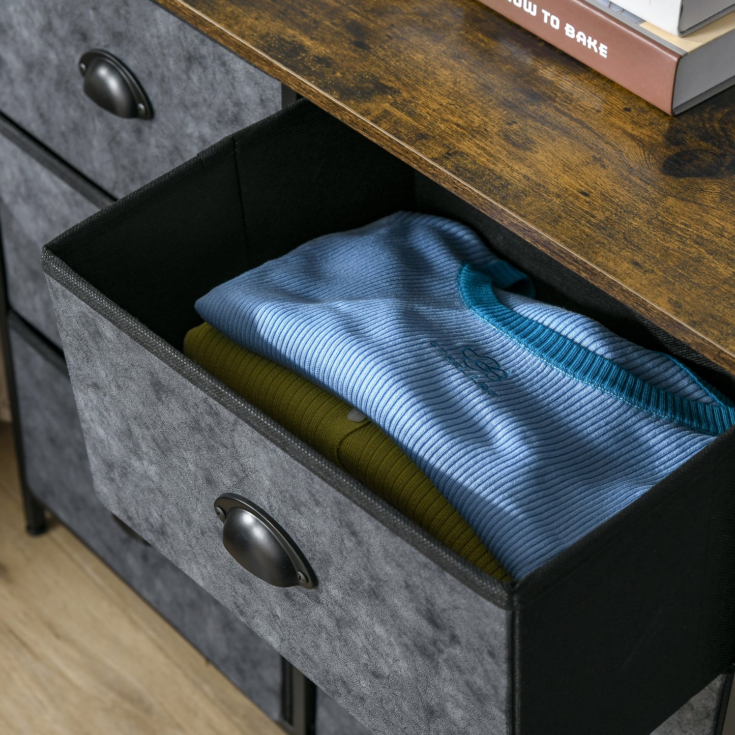 Chest of Drawer Fabric Dresser Storage Cabinet for Bedroom Night Stand with 6 Drawers Steel Frame Handles - Grey and Black
