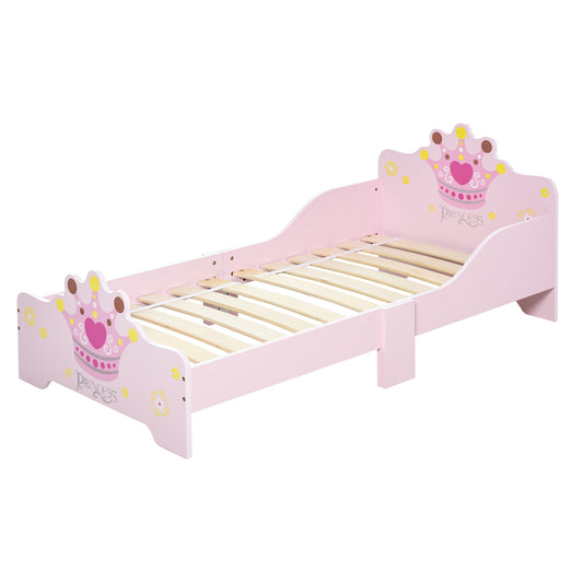 Kids Wooden Bed with Crown Modelling Safety Side Rails Easy to Clean Perfect Gift for Toddlers Girls Age 3 to 6 Years Old Pink