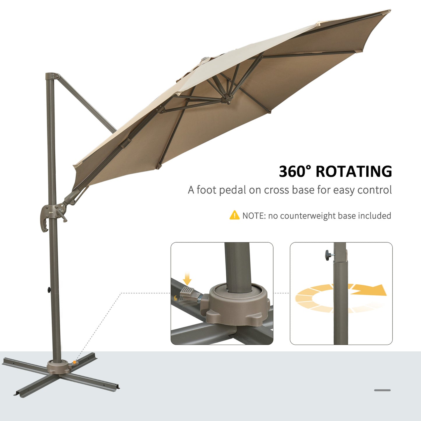 Outsunny 3M Cantilever Patio Parasol Roma Umbrella Hanging Sun Shade Canopy Cover Tilt Crank 360 Degree Rotating System Khaki