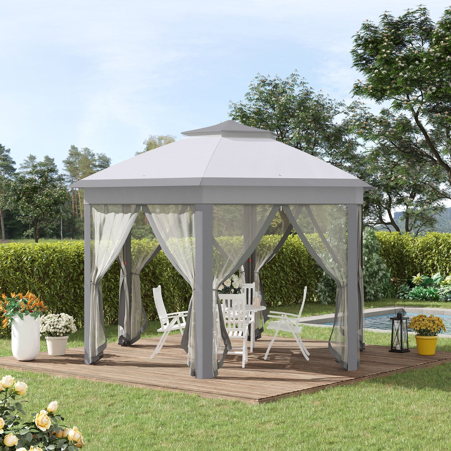 Outsunny Hexagon Patio Gazebo Pop Up Gazebo Outdoor Double Roof Instant Shelter with Netting, 4m x 4m, Grey