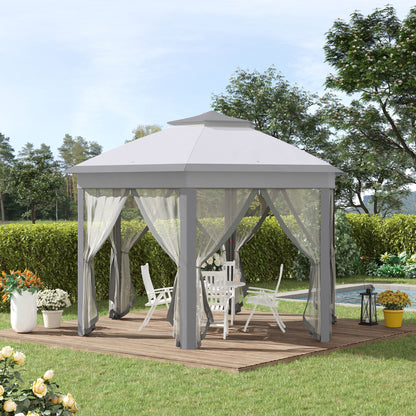 Outsunny Hexagon Patio Gazebo Pop Up Gazebo Outdoor Double Roof Instant Shelter with Netting, 4m x 4m, Grey