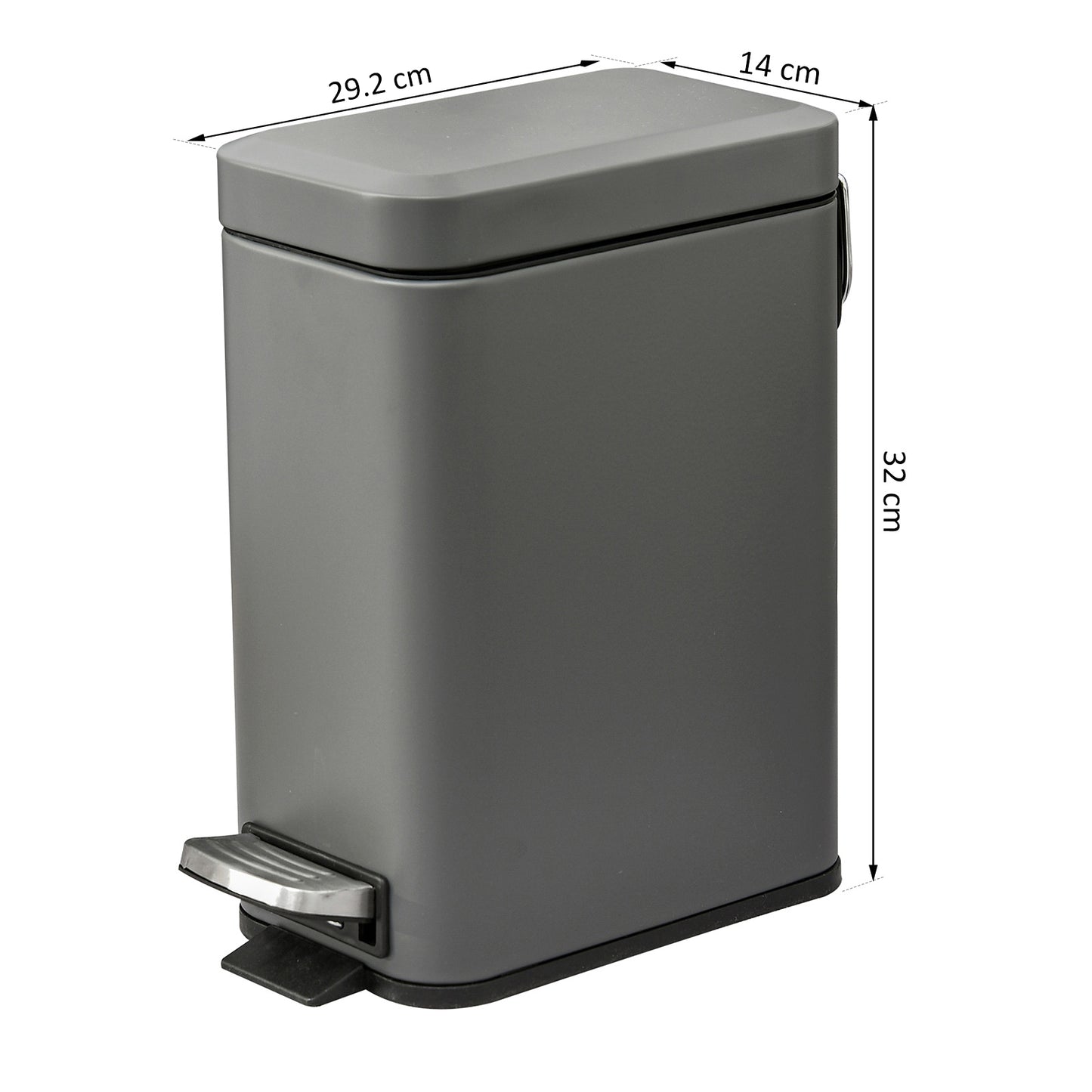 5L Rectangular Compact Bin, Steel Body, Removable Bucket, Quiet-Close Lid w/ Pedal Lid Rubbish Trash Can Garbage Tidy Clean, Grey