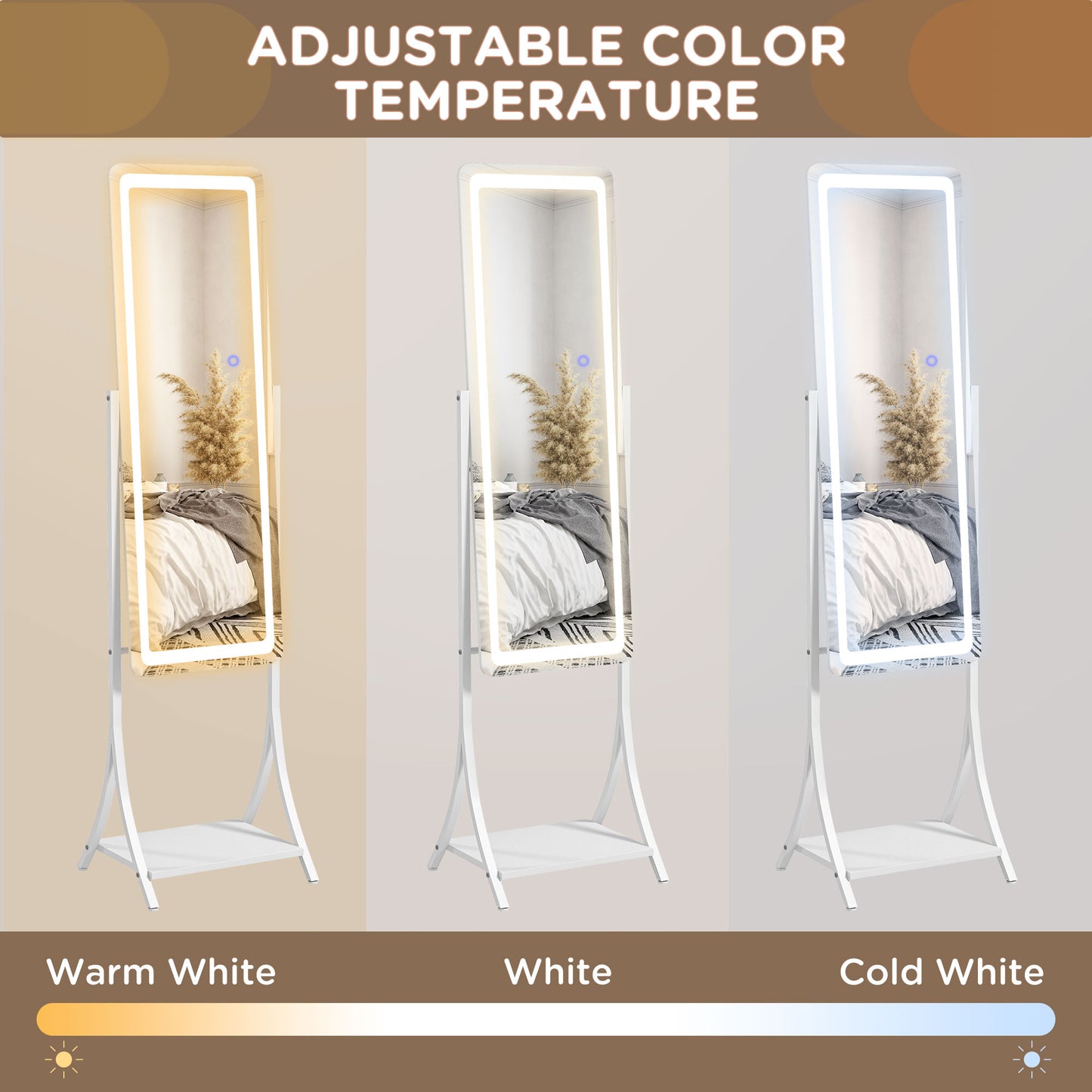 Free Standing Dressing Mirror with LED Lights, Full Length Mirror with 3 Temperature Colours and Storage Shelf