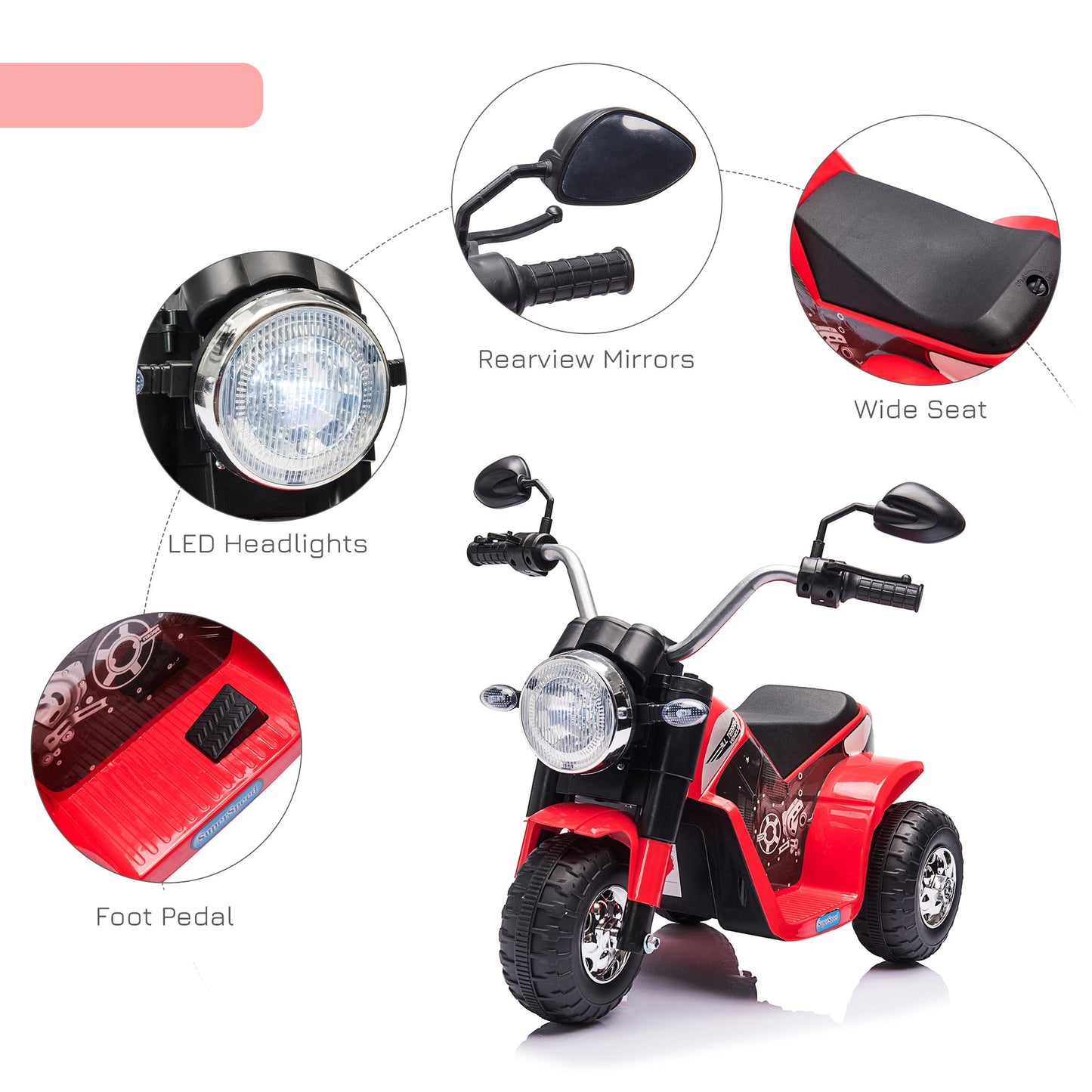 Kids Electric Motorcycle Ride-On Toy 3-Wheels Battery Powered Motorbike Rechargeable 6V with Horn Headlights Motorbike for 18 - 36 Months Red