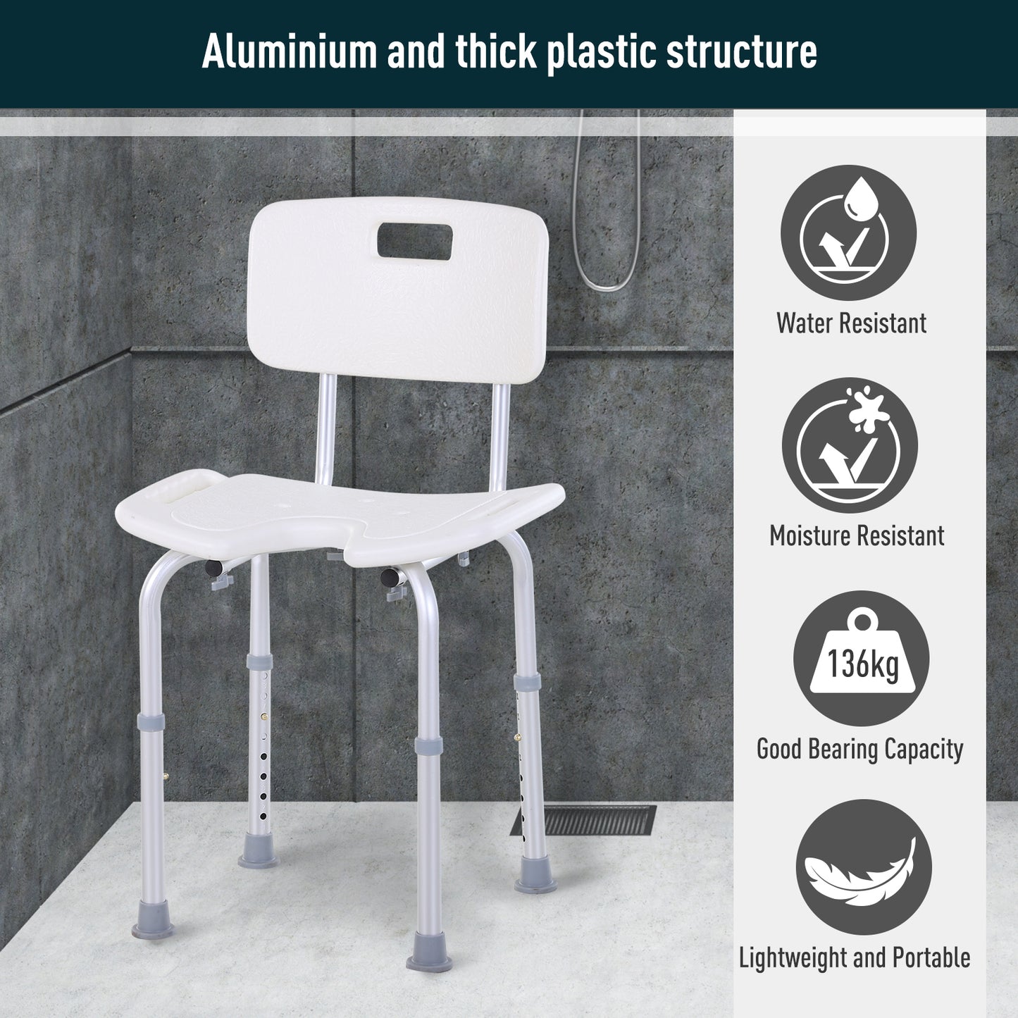 8-Level Height Adjustable Bath Stool Spa Shower Chair Aluminium With Non-Slip Feet And Handle