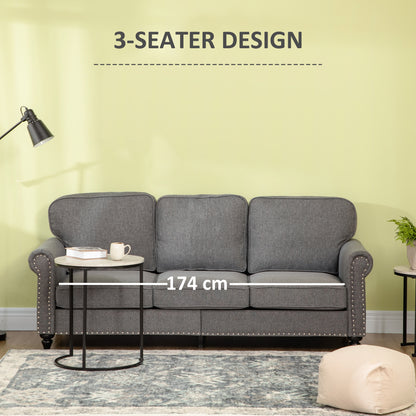 3 Seater Sofas for Living Room, Fabric Couch with Nailhead Trim, Rolled Arms and Cushions, Grey