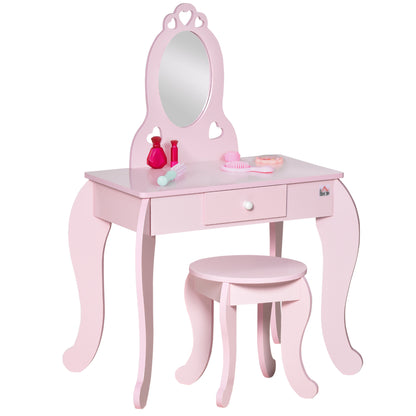 Kids Vanity Table & Stool Girls Dressing Set Make Up Desk Chair Dresser Play Set with Mirror Pink