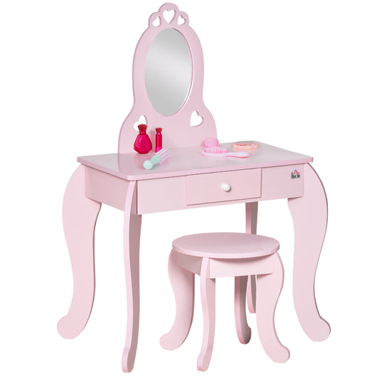 Kids Vanity Table & Stool Girls Dressing Set Make Up Desk Chair Dresser Play Set with Mirror Pink