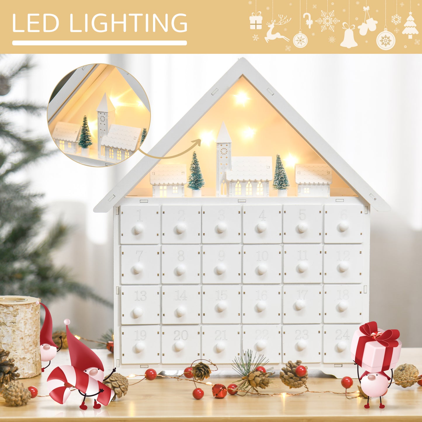 Christmas Advent Calendar, Light Up Table Wooden House Holiday Decoration With Countdown Drawer, Village, For kids Adults, White
