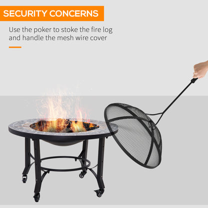 Outsunny 2-in-1 Outdoor Fire Pit on Wheels, Patio Heater with Cooking BBQ Grill, Firepit Bowl with Screen Cover, Fire Poker for Backyard Bonfire