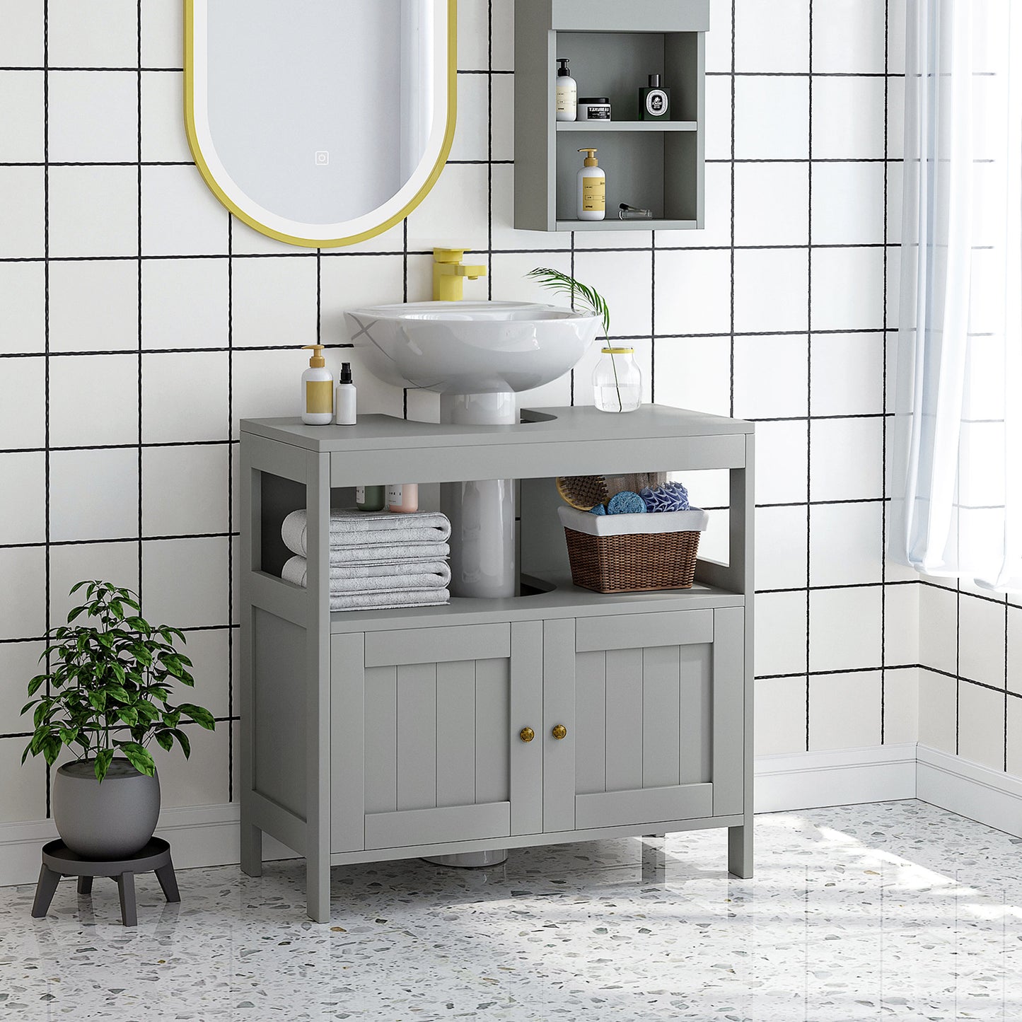 Kleankin Pedestal Under Sink Cabinet with Double Doors, Modern Bathroom Vanity Storage Unit with Shelves, Light Grey