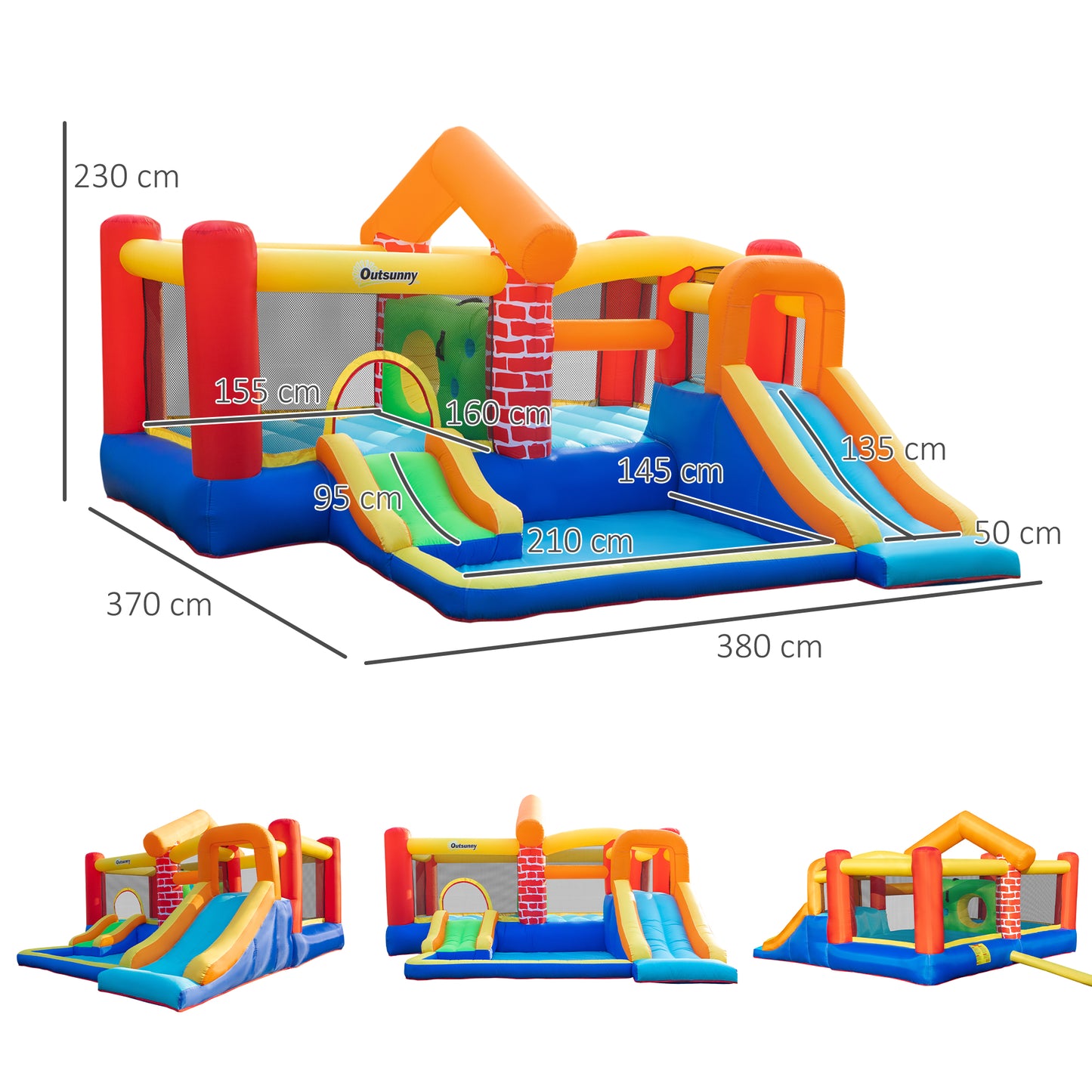 Outsunny 4 in 1 Kids Bounce Castle Extra Large Double Slides & Trampoline Design Inflatable House Pool Climbing Wall for Kids Age 3-8, 3.8x3.7x2.3m