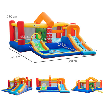 Outsunny 4 in 1 Kids Bounce Castle Extra Large Double Slides & Trampoline Design Inflatable House Pool Climbing Wall for Kids Age 3-8, 3.8x3.7x2.3m
