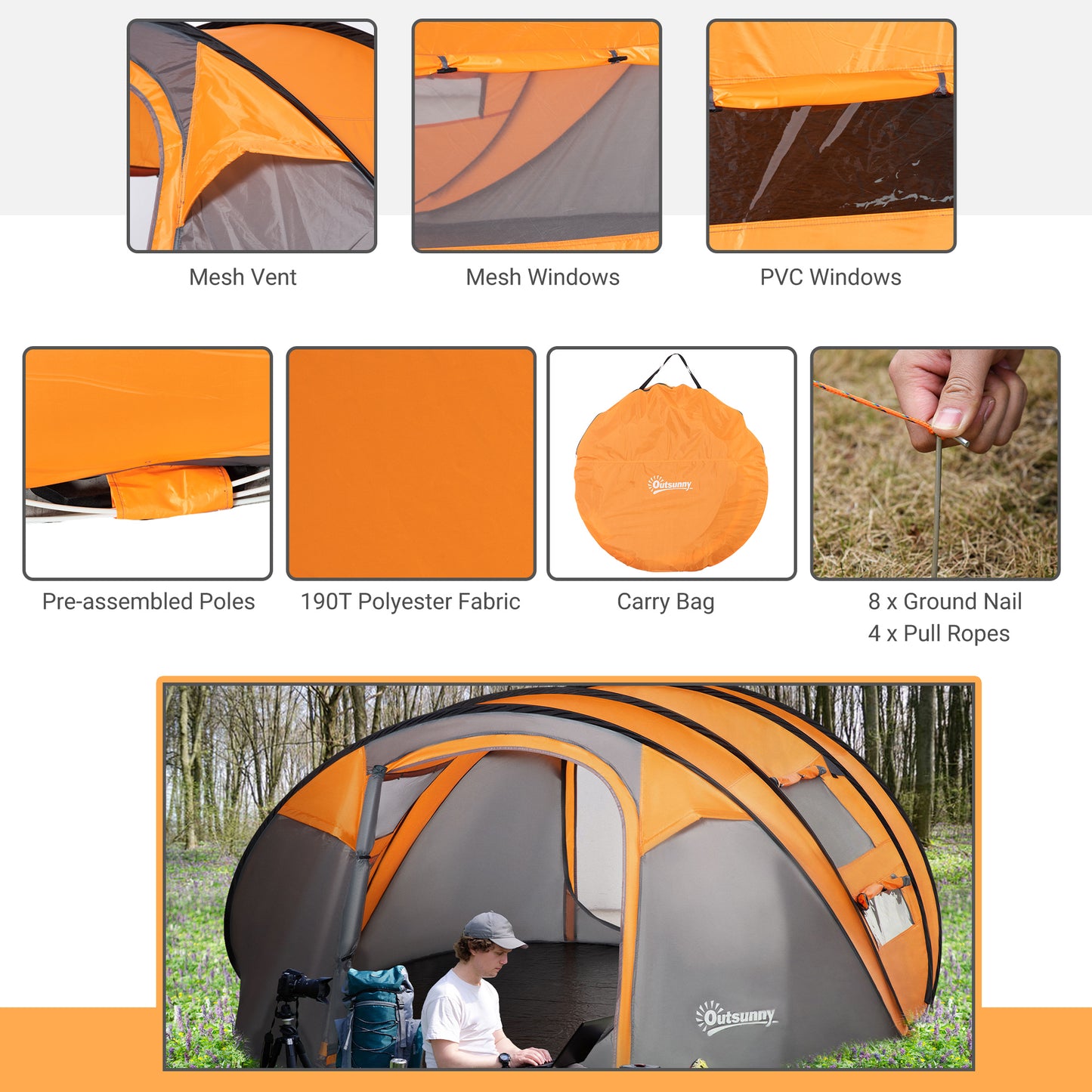 Outsunny 4-5 Person Pop-up Camping Tent Waterproof Family Tent w/ 2 Mesh Windows & PVC Windows Portable Carry Bag for Outdoor Trip