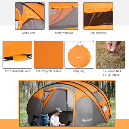 Outsunny 4-5 Person Pop-up Camping Tent Waterproof Family Tent w/ 2 Mesh Windows & PVC Windows Portable Carry Bag for Outdoor Trip