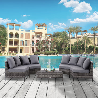 Outsunny Rattan Garden Furniture 4 Seaters Half-round Patio Outdoor Sofa & Table Set Wicker Weave Conservatory Cushioned Seat with Pillow - Grey